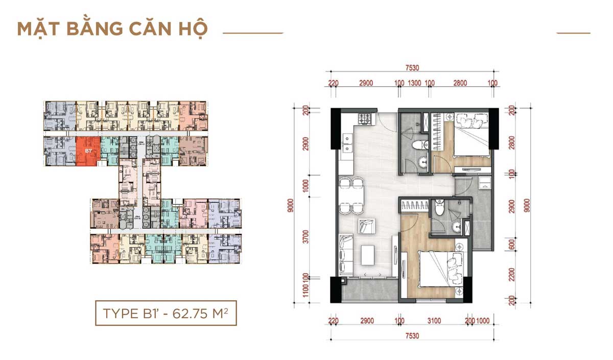 Thiết kế Căn hộ Type B1 – 62.75m2 La Partenza Nhà Bè