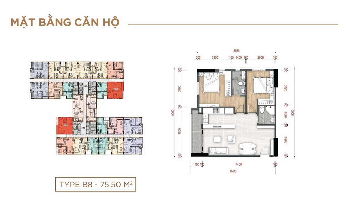 Thiết kế Căn hộ Type B8 – 75.50m2 La Partenza Nhà Bè