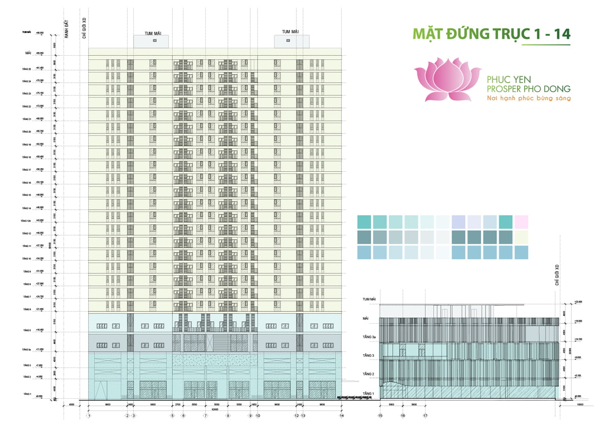 Mặt đứng trục 1-14 Dự án Phúc Yên Prosper Phố Đông Thủ Đức